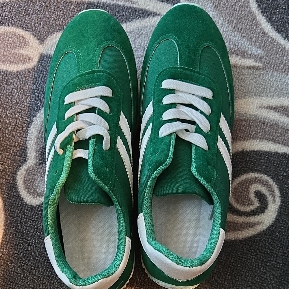 Green Suede Sneakers with White Stripes